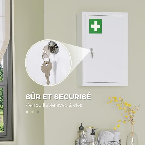 kleankin Wall Mounted Steel Medicine Cabinet 3 Tier Wall Mounted Medicine Cabinet with Lockable Door 2 Keys Bathroom Furniture Hallway Living Room 30 x 14 x 46 cm White - Image 12