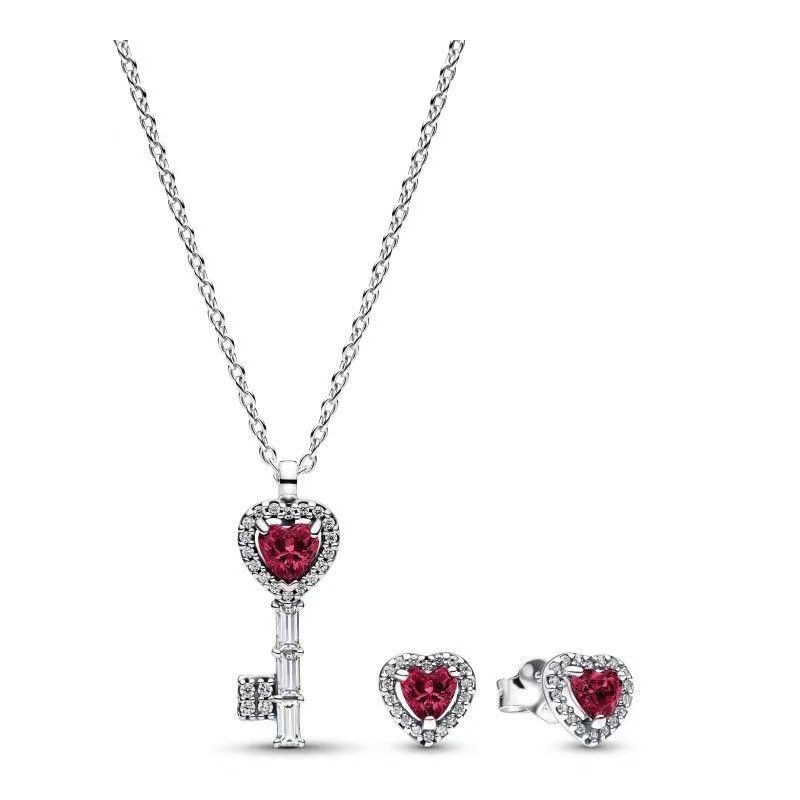 luxury brand key designer pendant necklace earrings stud jewelry set S925 silver red crystal stone lucky keys choker necklaces ear rings earring - Image 1