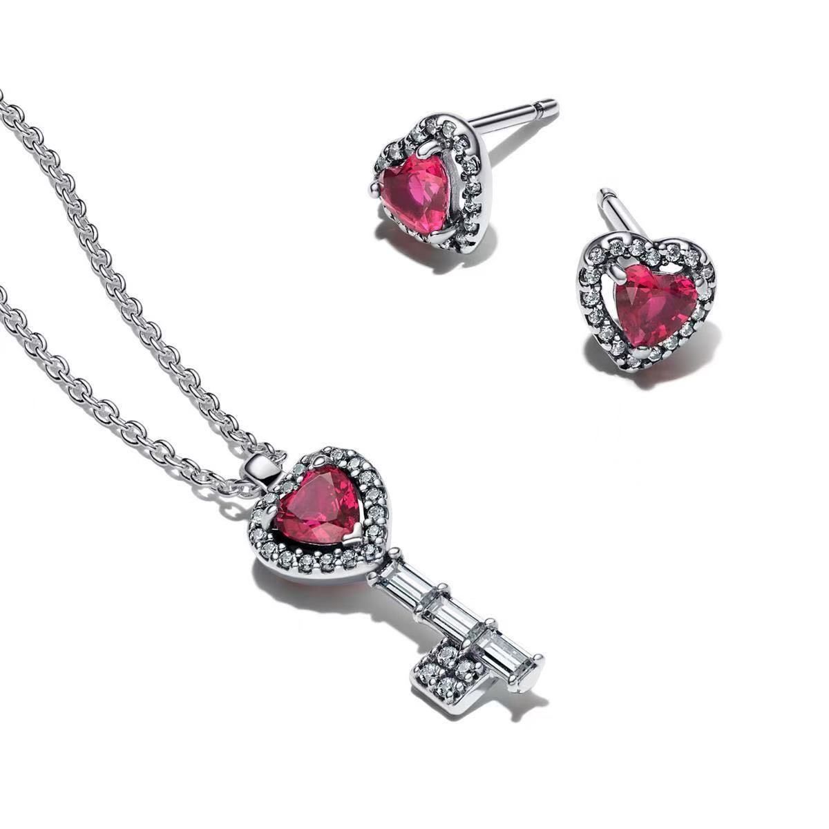 luxury brand key designer pendant necklace earrings stud jewelry set S925 silver red crystal stone lucky keys choker necklaces ear rings earring - Image 2