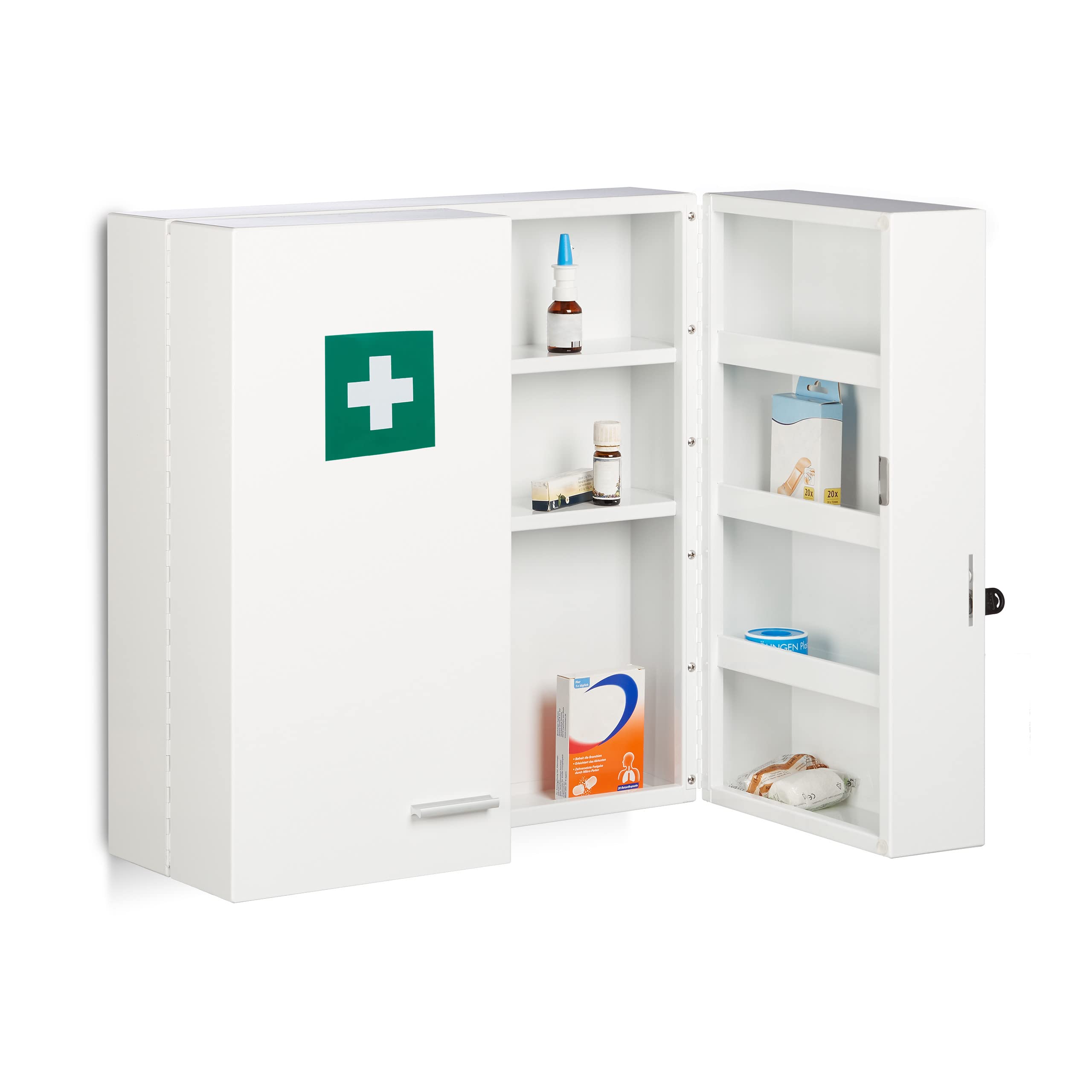 Relaxdays XXL Medicine Cabinet, Lockable, 11 Shelves, Steel, HxWxD: 53 x 53 x 21.5 cm, Double Door, White - Image 1
