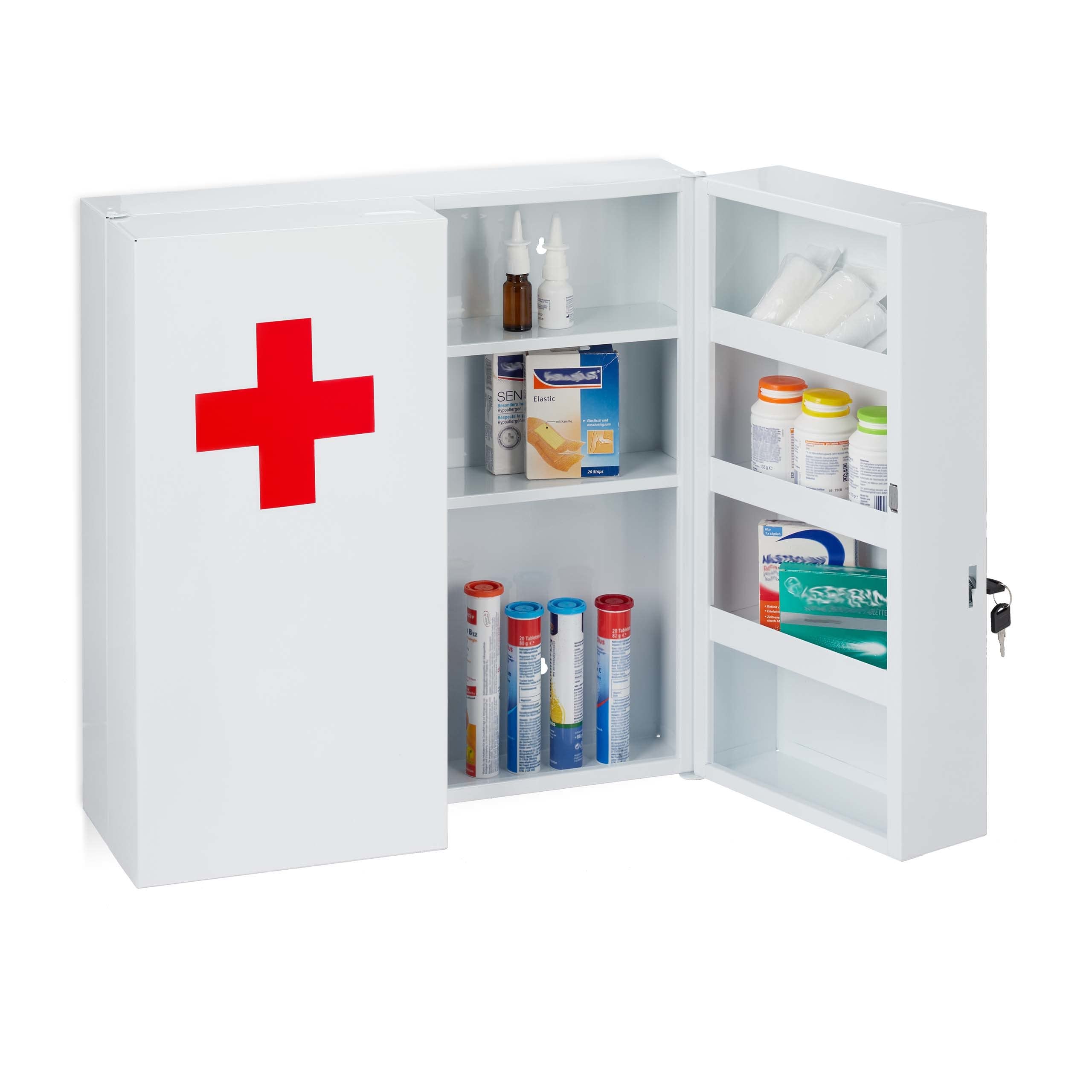 Relaxdays XXL Medicine Cabinet, Lockable, 11 Compartments, Steel, HxWxD: 53.5x53x19cm, 2 Doors, White - Red - Image 1