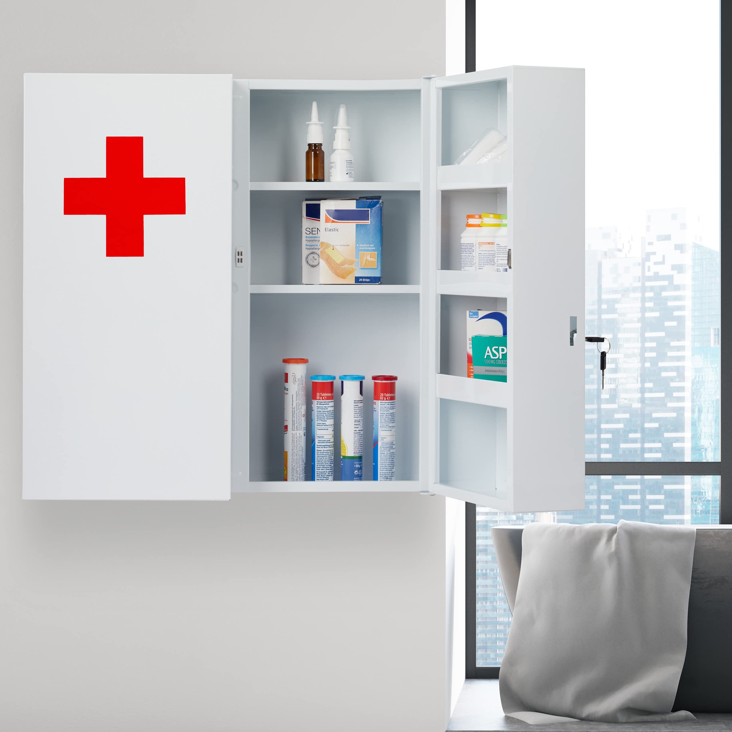Relaxdays XXL Medicine Cabinet, Lockable, 11 Compartments, Steel, HxWxD: 53.5x53x19cm, 2 Doors, White - Red - Image 2
