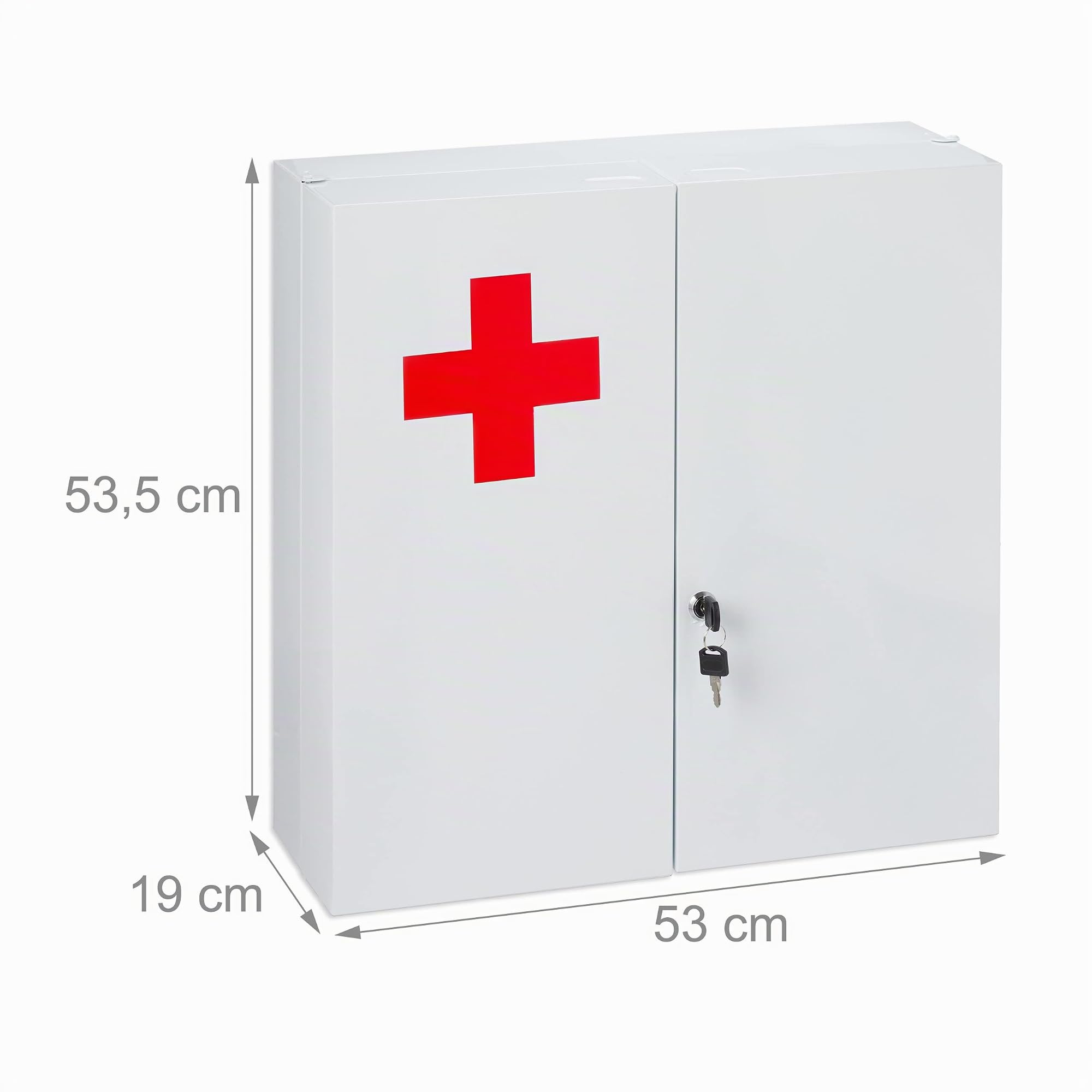 Relaxdays XXL Medicine Cabinet, Lockable, 11 Compartments, Steel, HxWxD: 53.5x53x19cm, 2 Doors, White - Red - Image 3