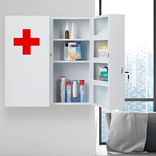 Relaxdays XXL Medicine Cabinet, Lockable, 11 Compartments, Steel, HxWxD: 53.5x53x19cm, 2 Doors, White - Red - Image 9