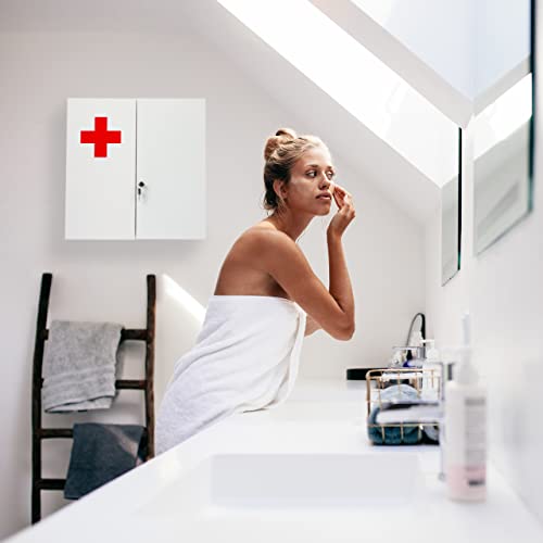 Relaxdays XXL Medicine Cabinet, Lockable, 11 Compartments, Steel, HxWxD: 53.5x53x19cm, 2 Doors, White - Red - Image 11