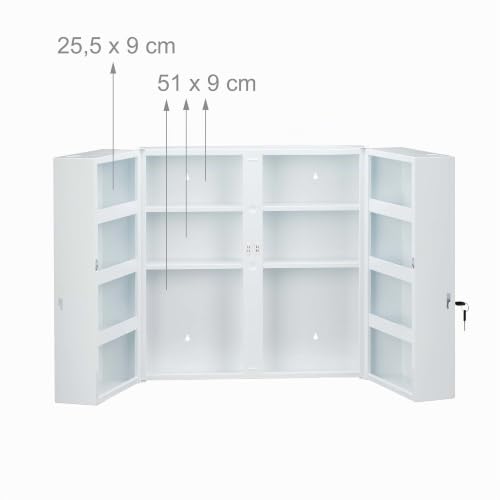 Relaxdays XXL Medicine Cabinet, Lockable, 11 Compartments, Steel, HxWxD: 53.5x53x19cm, 2 Doors, White - Red - Image 12
