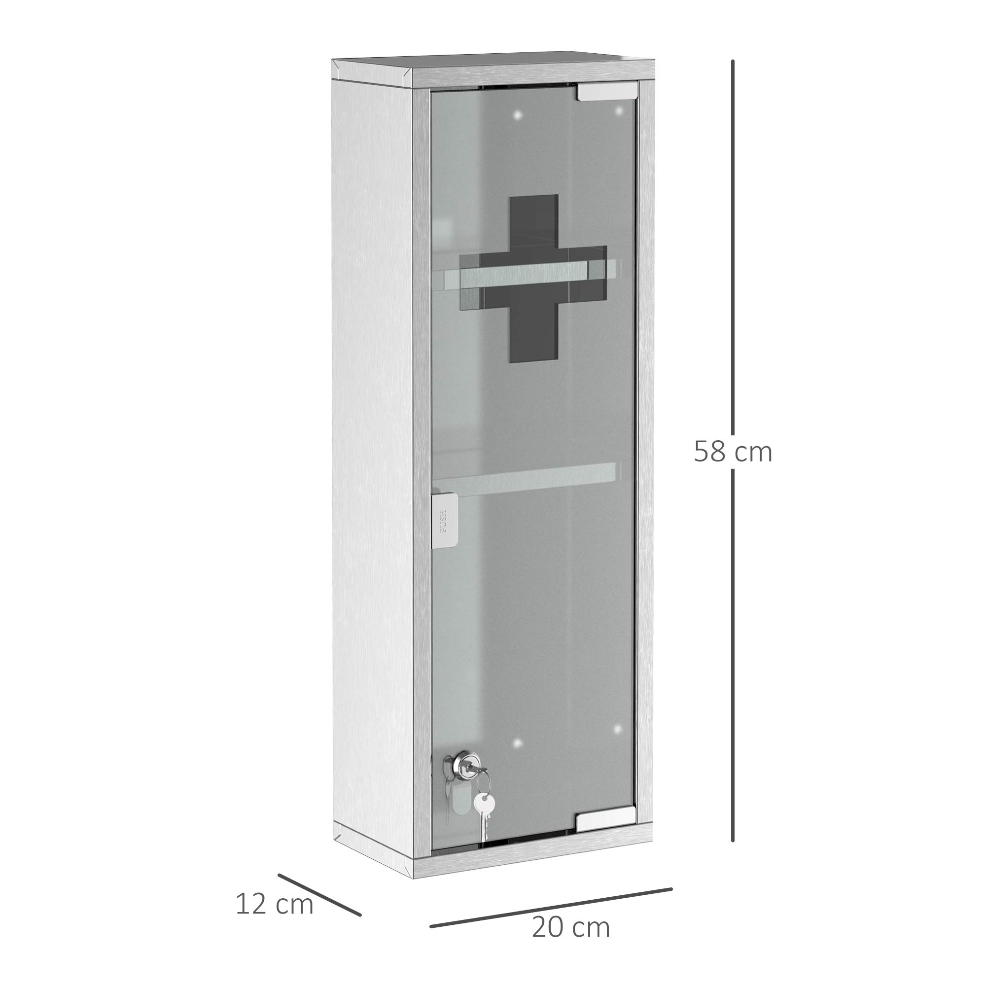 kleankin Medicine Cabinet with 2 Shelves and 3 Levels 20L x 12W x 58H cm Stainless Steel Cross Symbol Tempered Glass Door - Image 2