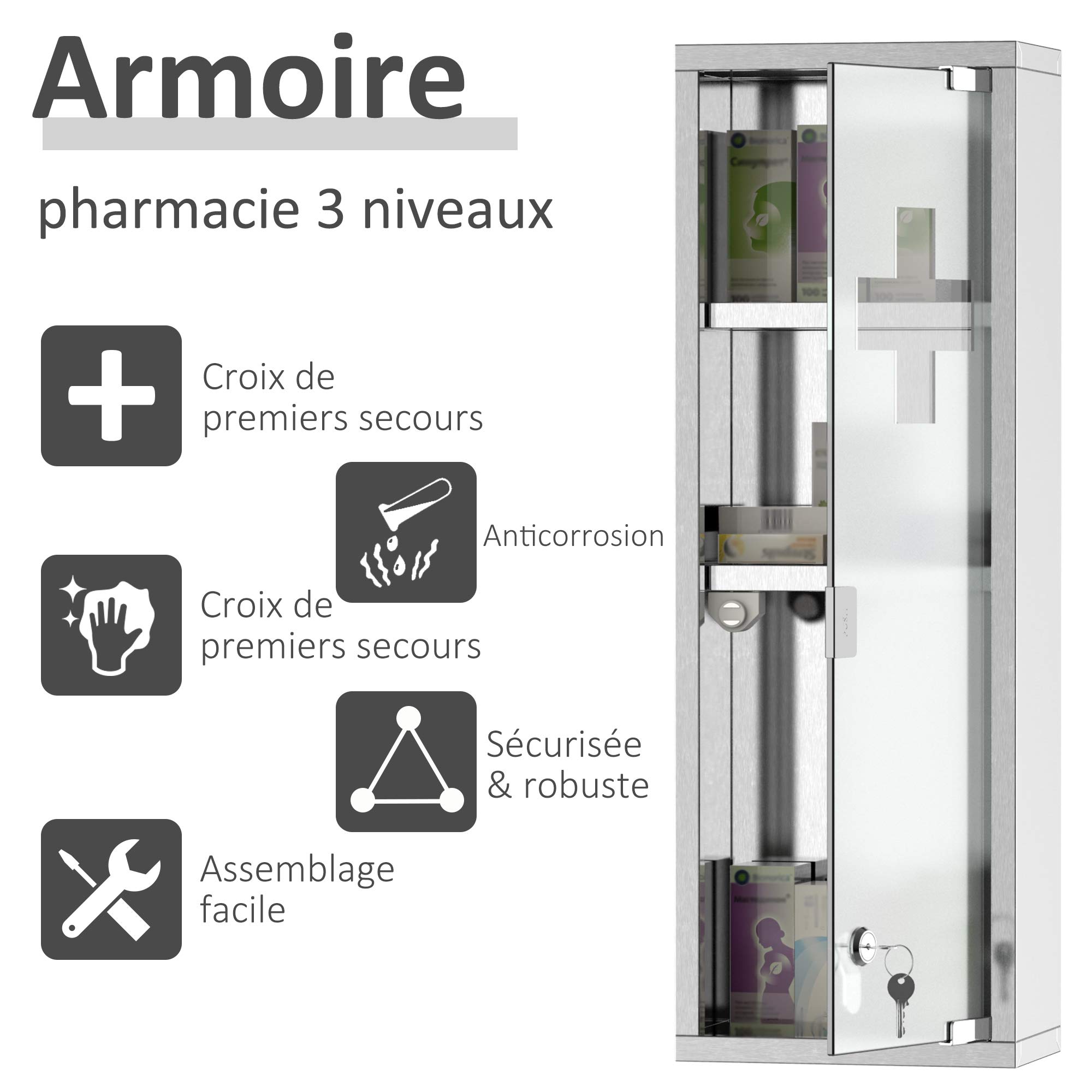 kleankin Medicine Cabinet with 2 Shelves and 3 Levels 20L x 12W x 58H cm Stainless Steel Cross Symbol Tempered Glass Door - Image 3