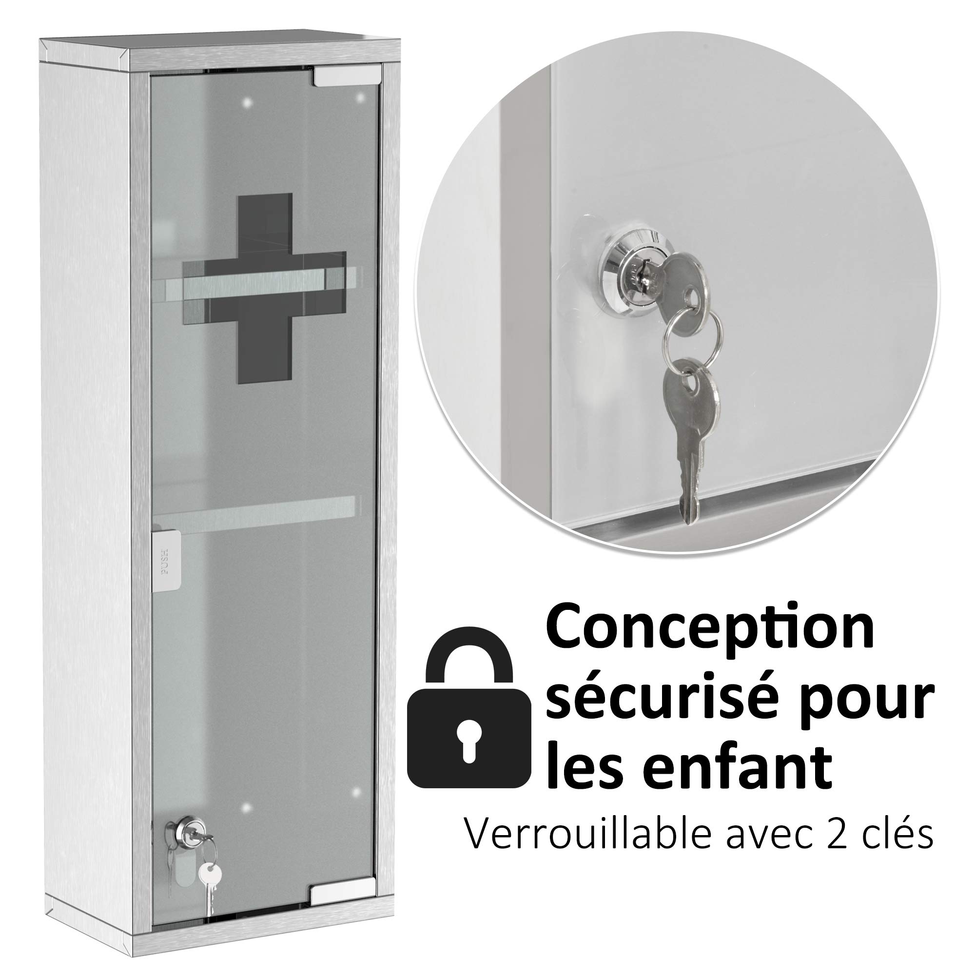 kleankin Medicine Cabinet with 2 Shelves and 3 Levels 20L x 12W x 58H cm Stainless Steel Cross Symbol Tempered Glass Door - Image 5