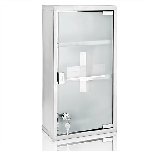 kleankin Medicine Cabinet with 2 Shelves and 3 Levels 20L x 12W x 58H cm Stainless Steel Cross Symbol Tempered Glass Door - Image 9