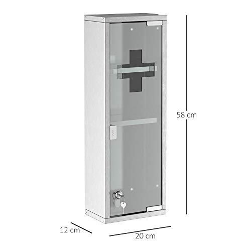 kleankin Medicine Cabinet with 2 Shelves and 3 Levels 20L x 12W x 58H cm Stainless Steel Cross Symbol Tempered Glass Door - Image 15