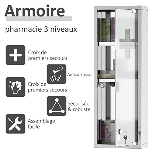 kleankin Medicine Cabinet with 2 Shelves and 3 Levels 20L x 12W x 58H cm Stainless Steel Cross Symbol Tempered Glass Door - Image 16