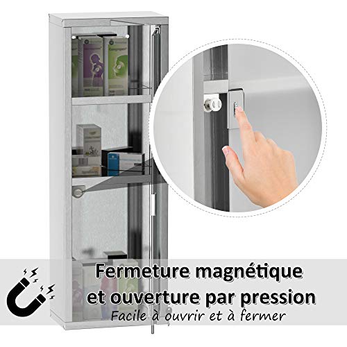 kleankin Medicine Cabinet with 2 Shelves and 3 Levels 20L x 12W x 58H cm Stainless Steel Cross Symbol Tempered Glass Door - Image 17