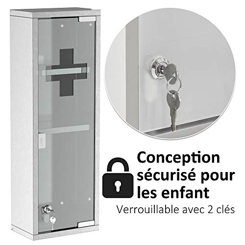 kleankin Medicine Cabinet with 2 Shelves and 3 Levels 20L x 12W x 58H cm Stainless Steel Cross Symbol Tempered Glass Door - Image 18