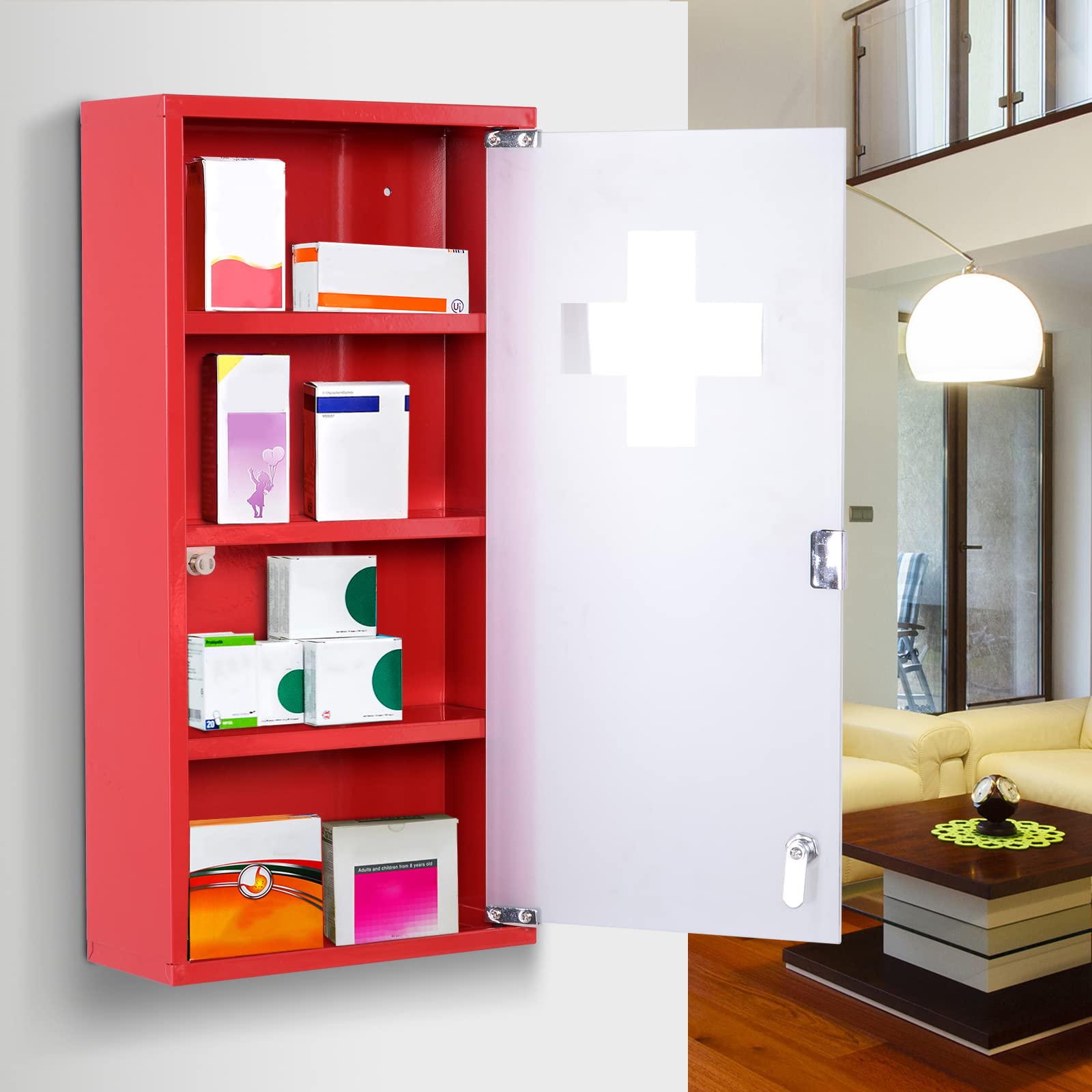 HOMCOM Medicine Cabinet with 3 Shelves 4 Levels Lockable Door Tempered Glass Frosted Cross Logo 30L x 12W x 60H cm Red Steel - Image 2