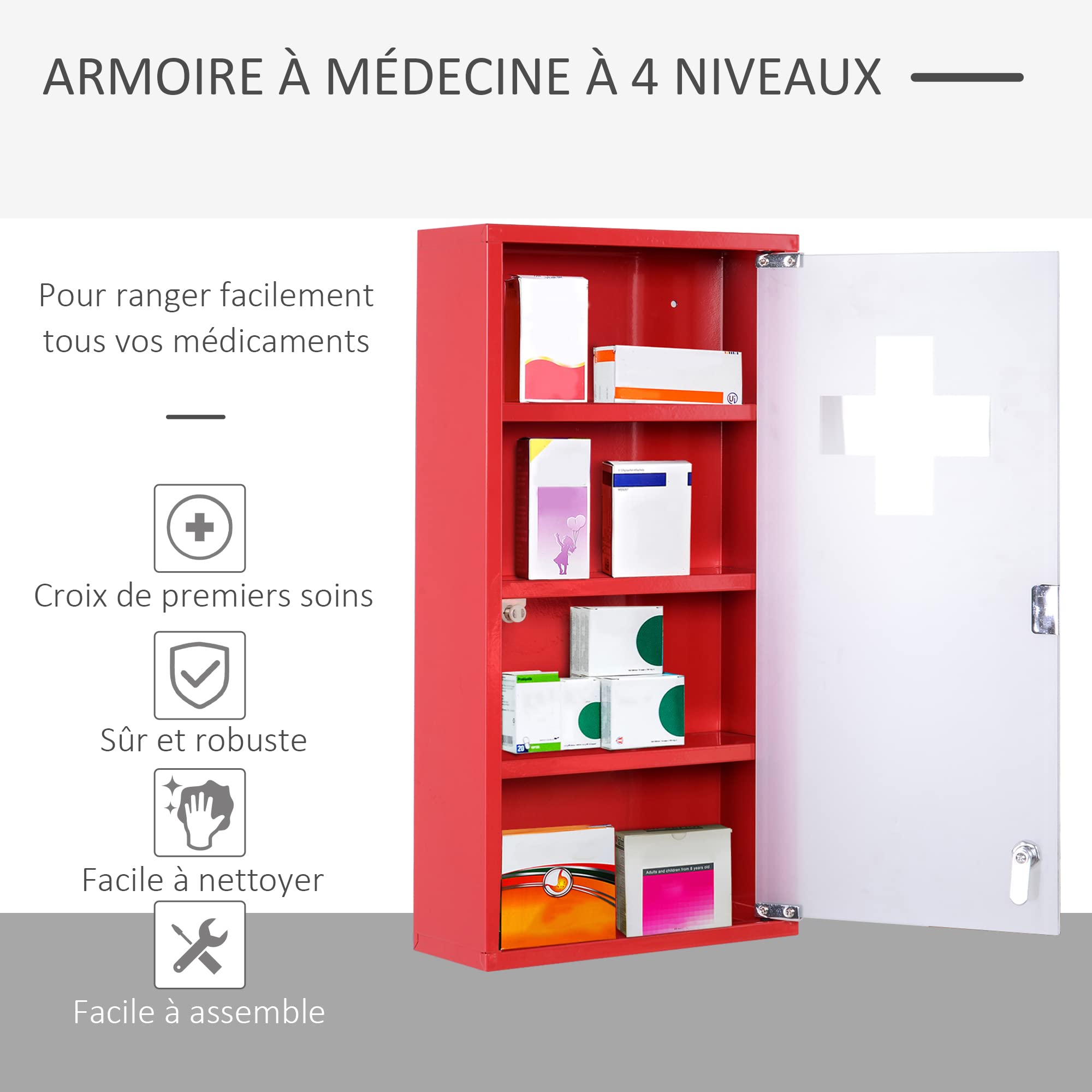 HOMCOM Medicine Cabinet with 3 Shelves 4 Levels Lockable Door Tempered Glass Frosted Cross Logo 30L x 12W x 60H cm Red Steel - Image 5