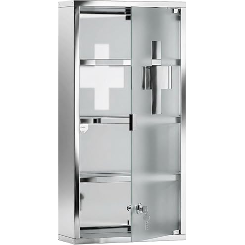HOMCOM Medicine Cabinet with 3 Shelves 4 Levels Lockable Door Tempered Glass Frosted Cross Logo 30L x 12W x 60H cm Red Steel - Image 6