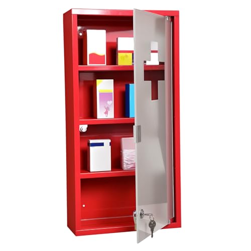 HOMCOM Medicine Cabinet with 3 Shelves 4 Levels Lockable Door Tempered Glass Frosted Cross Logo 30L x 12W x 60H cm Red Steel - Image 10