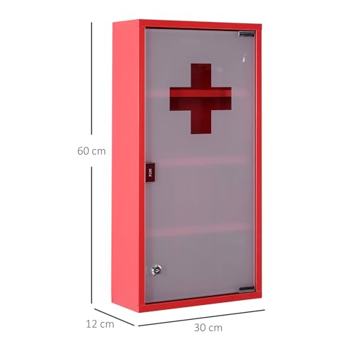 HOMCOM Medicine Cabinet with 3 Shelves 4 Levels Lockable Door Tempered Glass Frosted Cross Logo 30L x 12W x 60H cm Red Steel - Image 12