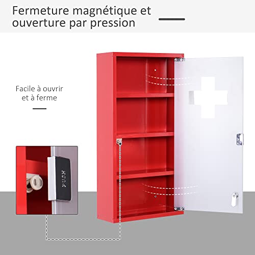HOMCOM Medicine Cabinet with 3 Shelves 4 Levels Lockable Door Tempered Glass Frosted Cross Logo 30L x 12W x 60H cm Red Steel - Image 13