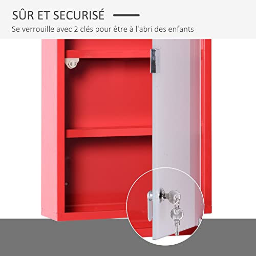 HOMCOM Medicine Cabinet with 3 Shelves 4 Levels Lockable Door Tempered Glass Frosted Cross Logo 30L x 12W x 60H cm Red Steel - Image 14