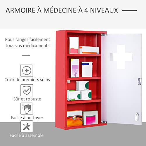 HOMCOM Medicine Cabinet with 3 Shelves 4 Levels Lockable Door Tempered Glass Frosted Cross Logo 30L x 12W x 60H cm Red Steel - Image 15