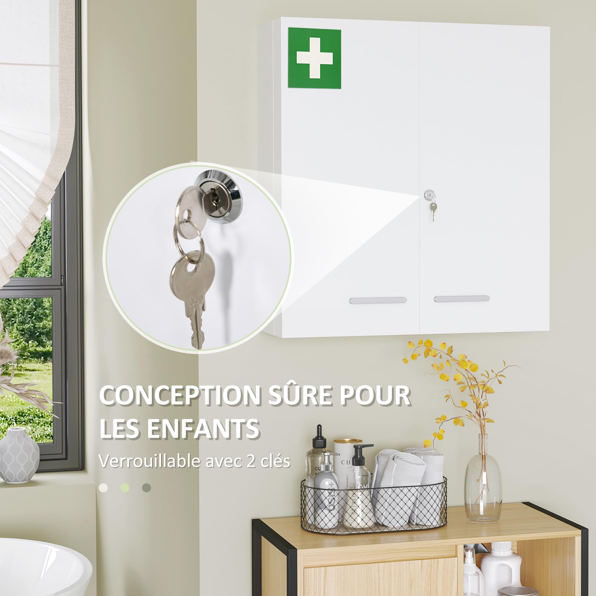kleankin Medicine Cabinet Wall Mounted Medicine Cabinet 6 Shelves with Lockable Door 2 Keys Steel for Bathroom Kitchen 55 x 18 x 60 cm White - Image 1
