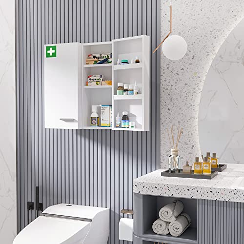 kleankin Medicine Cabinet Wall Mounted Medicine Cabinet 6 Shelves with Lockable Door 2 Keys Steel for Bathroom Kitchen 55 x 18 x 60 cm White - Image 7