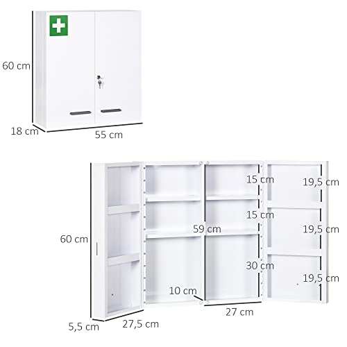 kleankin Medicine Cabinet Wall Mounted Medicine Cabinet 6 Shelves with Lockable Door 2 Keys Steel for Bathroom Kitchen 55 x 18 x 60 cm White - Image 8