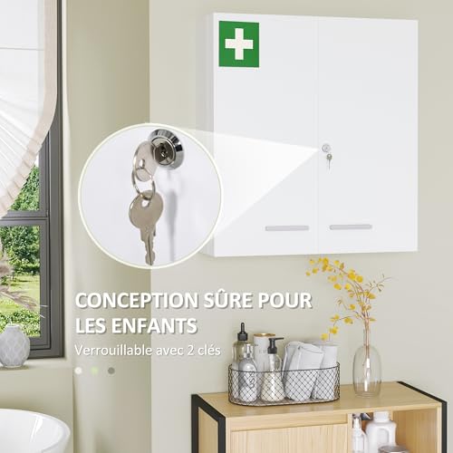 kleankin Medicine Cabinet Wall Mounted Medicine Cabinet 6 Shelves with Lockable Door 2 Keys Steel for Bathroom Kitchen 55 x 18 x 60 cm White - Image 9