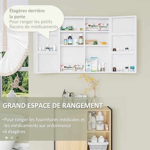 kleankin Medicine Cabinet Wall Mounted Medicine Cabinet 6 Shelves with Lockable Door 2 Keys Steel for Bathroom Kitchen 55 x 18 x 60 cm White - Image 10