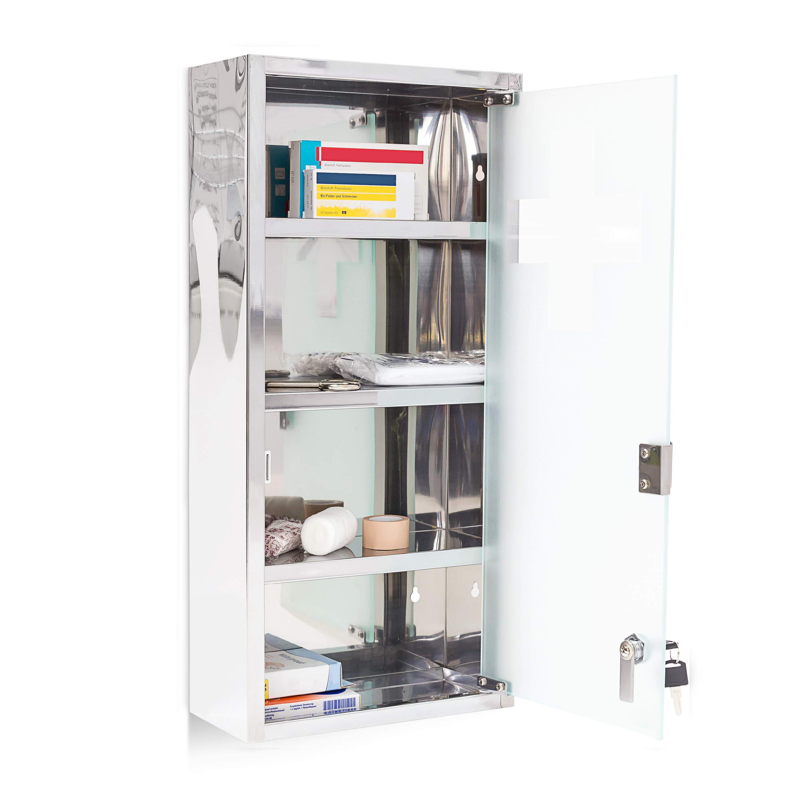 relaxdays Magnetic Stainless Steel Medicine Cabinet W x H x D: 27 x 57 x 12 cm Emergency First Aid Opal Glass Door Silver Grey Metal 57 x 27 x 12 cm - Image 1