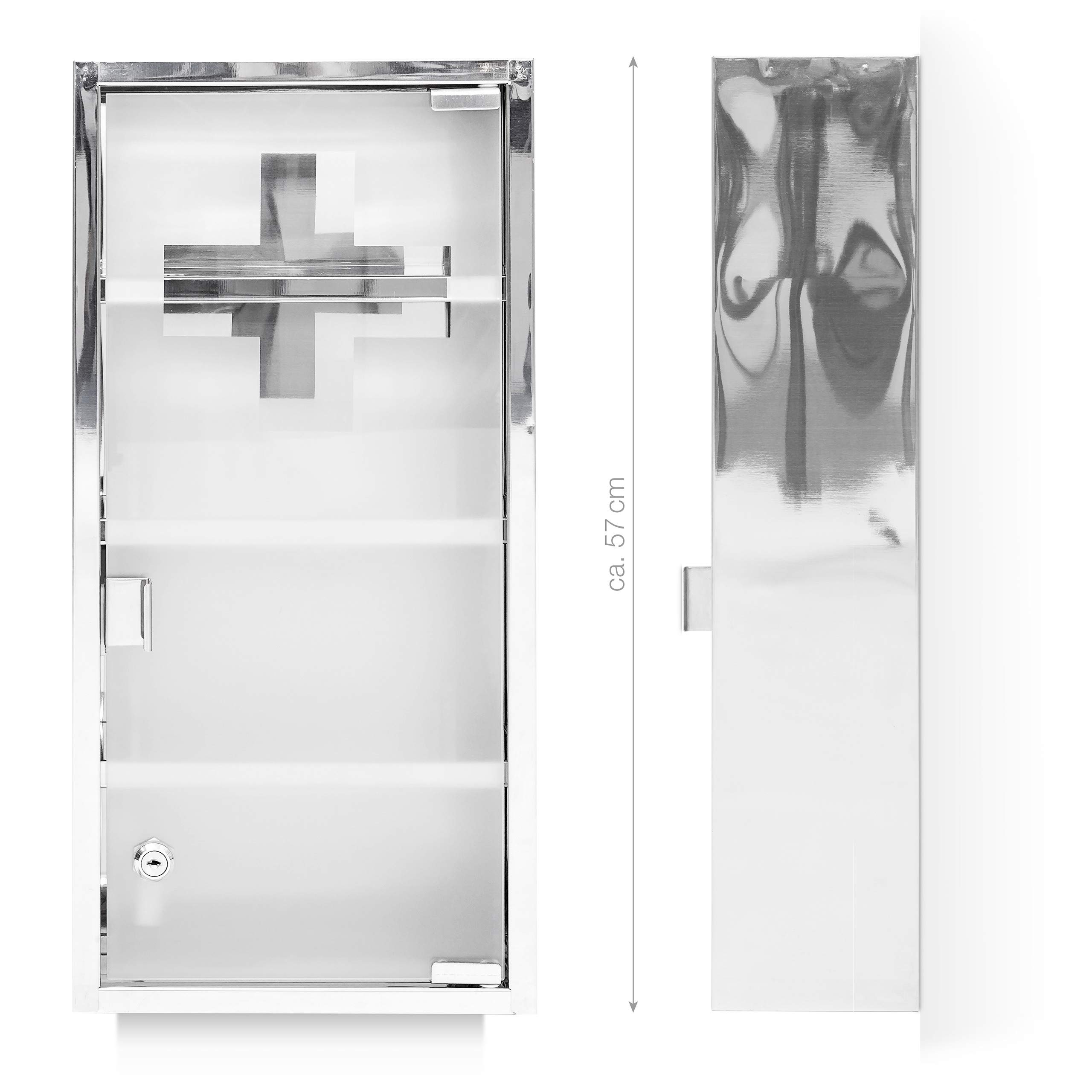 relaxdays Magnetic Stainless Steel Medicine Cabinet W x H x D: 27 x 57 x 12 cm Emergency First Aid Opal Glass Door Silver Grey Metal 57 x 27 x 12 cm - Image 2