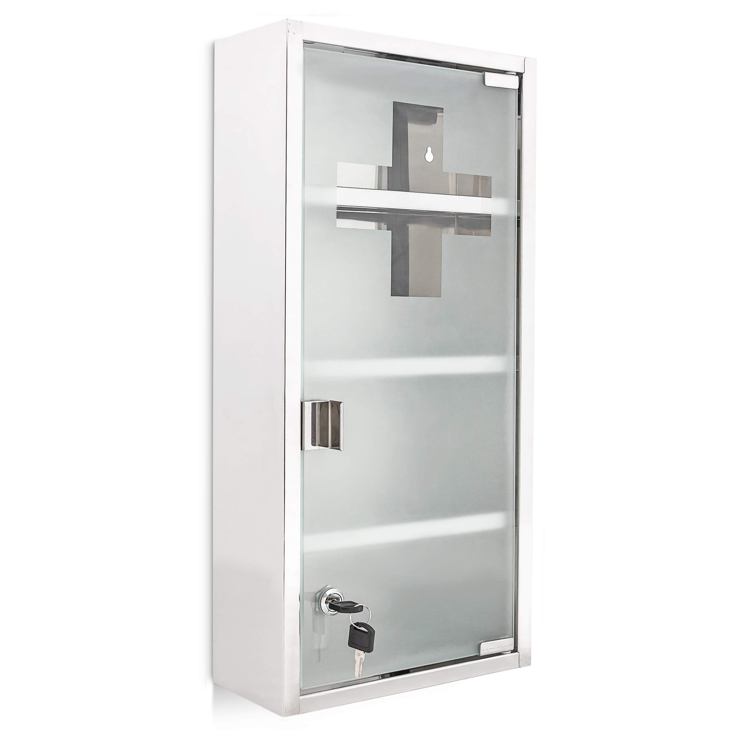 relaxdays Magnetic Stainless Steel Medicine Cabinet W x H x D: 27 x 57 x 12 cm Emergency First Aid Opal Glass Door Silver Grey Metal 57 x 27 x 12 cm - Image 3