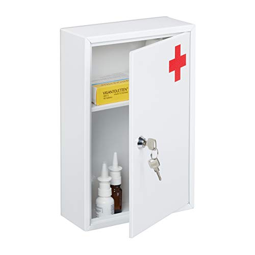 Relaxdays Medicine Cabinet, Lockable, Empty, 2 Compartments, Wall Unit, HLP: 32 x 21.5 x 8 cm, White/Red - Image 7