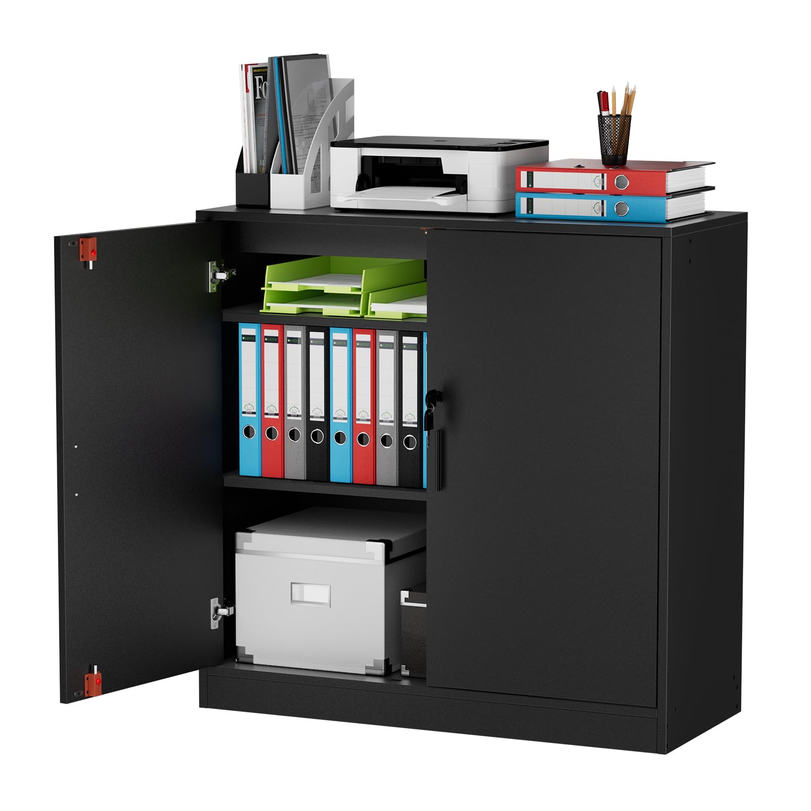 Office Cabinet, Office Storage Cabinet Lock, 15 mm Storage Cabinet for Garage Living Room Bedroom Buffet Printer Administrative Paper with 2 Doors, Adjustable Veneers, Black - Image 1