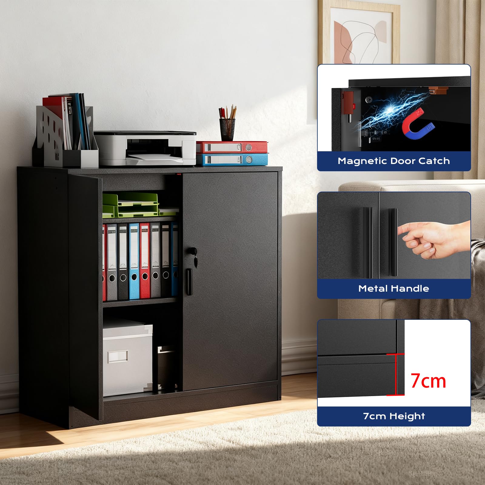 Office Cabinet, Office Storage Cabinet Lock, 15 mm Storage Cabinet for Garage Living Room Bedroom Buffet Printer Administrative Paper with 2 Doors, Adjustable Veneers, Black - Image 4