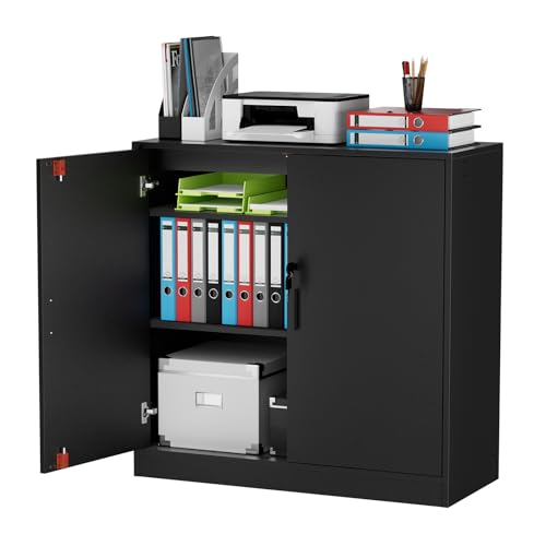 Office Cabinet, Office Storage Cabinet Lock, 15 mm Storage Cabinet for Garage Living Room Bedroom Buffet Printer Administrative Paper with 2 Doors, Adjustable Veneers, Black - Image 6