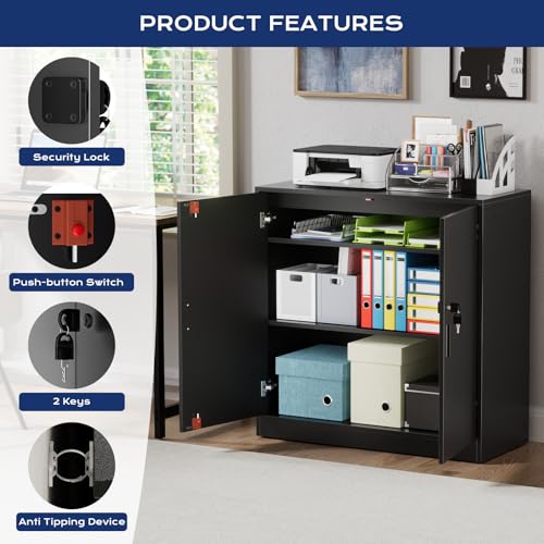 Office Cabinet, Office Storage Cabinet Lock, 15 mm Storage Cabinet for Garage Living Room Bedroom Buffet Printer Administrative Paper with 2 Doors, Adjustable Veneers, Black - Image 9