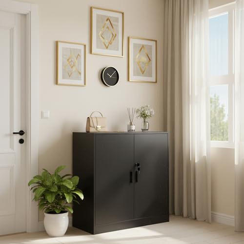 Office Cabinet, Office Storage Cabinet Lock, 15 mm Storage Cabinet for Garage Living Room Bedroom Buffet Printer Administrative Paper with 2 Doors, Adjustable Veneers, Black - Image 11