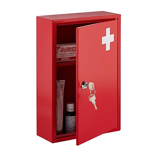 Relaxdays Medicine Cabinet, Lockable, 2 Levels, HxWxD: 32x21.5x9.5cm, Medicine Storage, Red - White - Image 4
