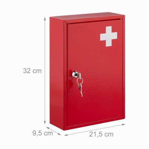 Relaxdays Medicine Cabinet, Lockable, 2 Levels, HxWxD: 32x21.5x9.5cm, Medicine Storage, Red - White - Image 6