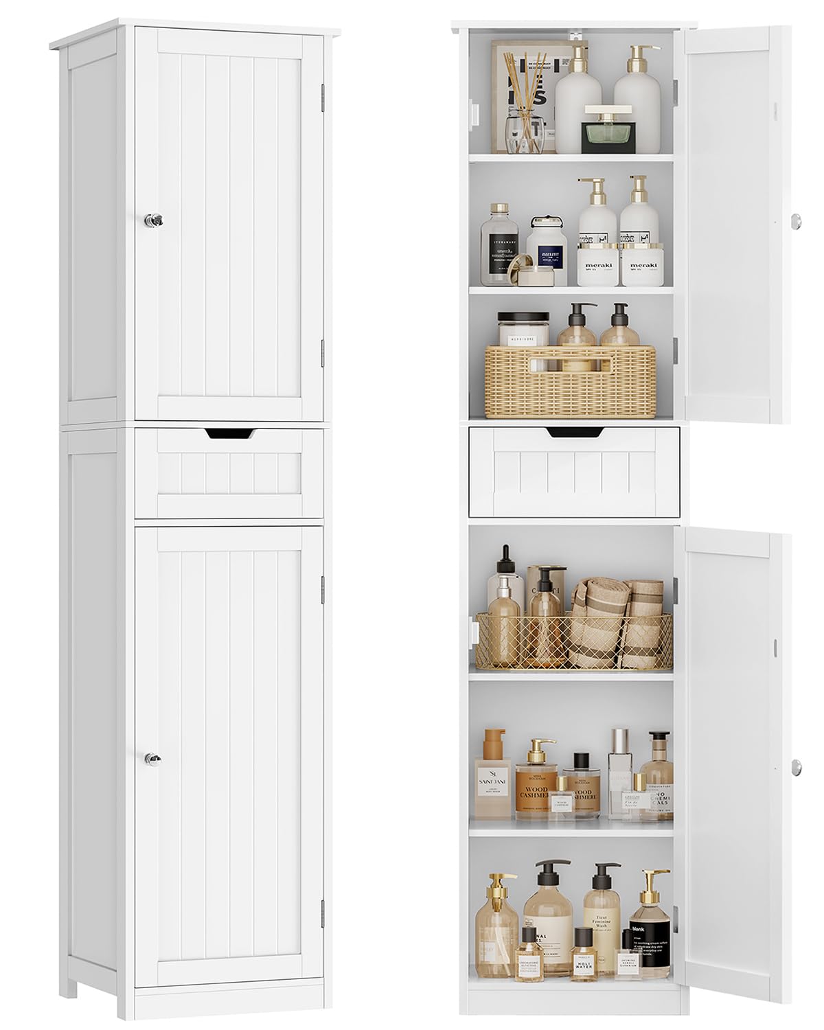 TEENFON Bathroom Cabinet with Doors, Column Storage Cabinet with Adjustable Shelves and Drawers, White (40 x 30 x 170 cm) - Image 1