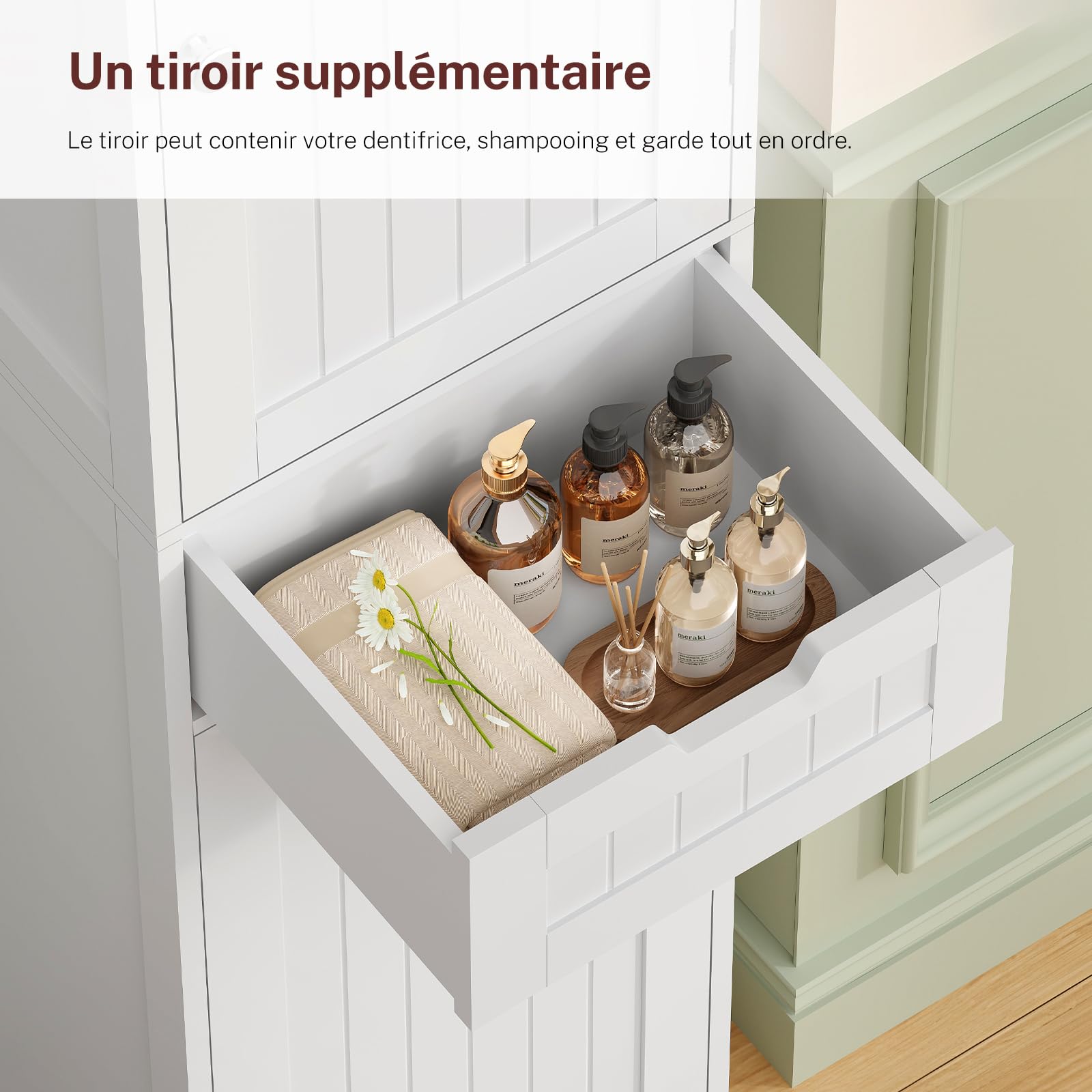 TEENFON Bathroom Cabinet with Doors, Column Storage Cabinet with Adjustable Shelves and Drawers, White (40 x 30 x 170 cm) - Image 5