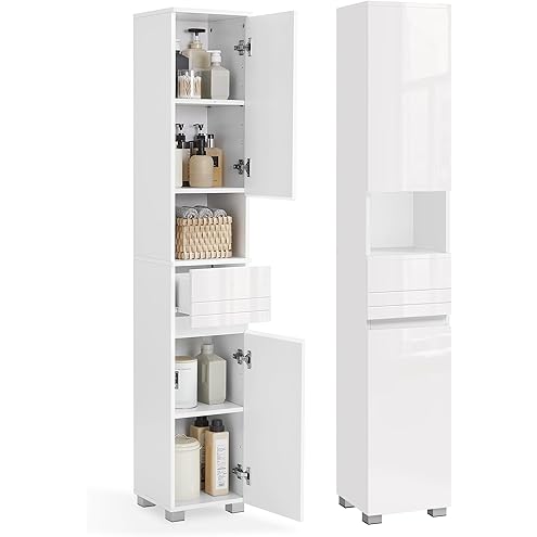 TEENFON Bathroom Cabinet with Doors, Column Storage Cabinet with Adjustable Shelves and Drawers, White (40 x 30 x 170 cm) - Image 7