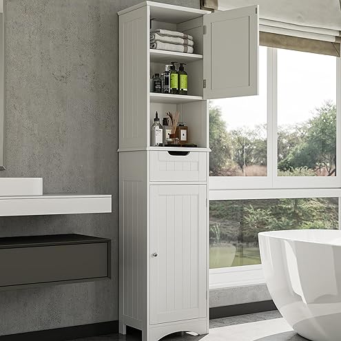 TEENFON Bathroom Cabinet with Doors, Column Storage Cabinet with Adjustable Shelves and Drawers, White (40 x 30 x 170 cm) - Image 9