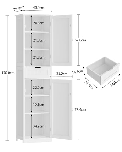 TEENFON Bathroom Cabinet with Doors, Column Storage Cabinet with Adjustable Shelves and Drawers, White (40 x 30 x 170 cm) - Image 12