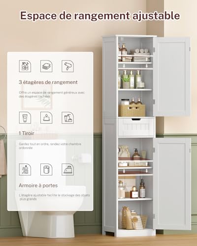 TEENFON Bathroom Cabinet with Doors, Column Storage Cabinet with Adjustable Shelves and Drawers, White (40 x 30 x 170 cm) - Image 13