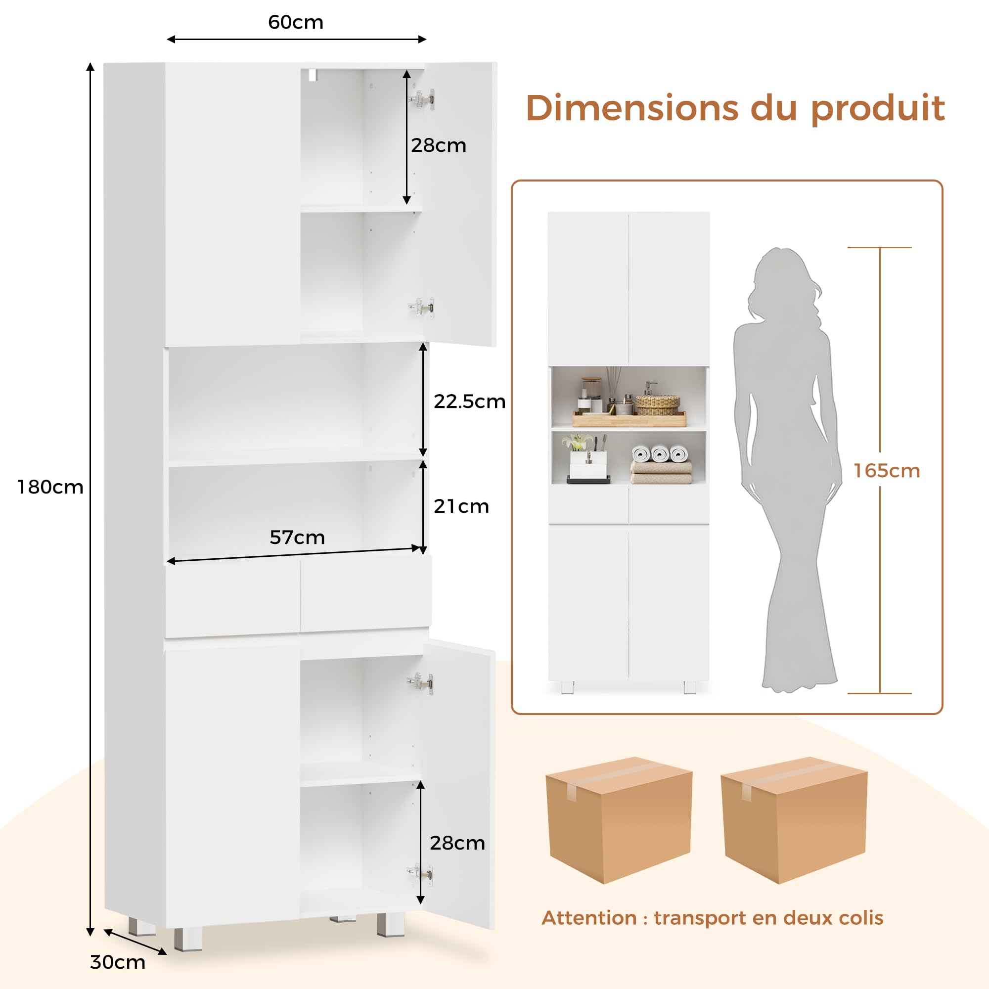 ANWBROAD SBC012W Bathroom Column Cabinet Storage Unit with Adjustable Shelves, 2 Drawers, Compartments, for Living Room, Kitchen, 30 x 60 x 180 cm, White - Image 1