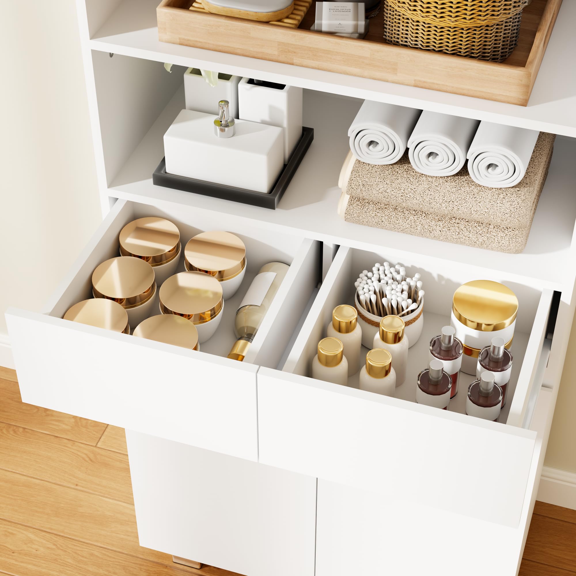 ANWBROAD SBC012W Bathroom Column Cabinet Storage Unit with Adjustable Shelves, 2 Drawers, Compartments, for Living Room, Kitchen, 30 x 60 x 180 cm, White - Image 4
